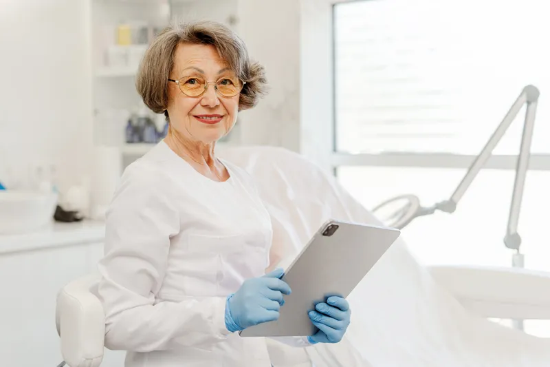 Dentist reviewing records on a tablet in her practice