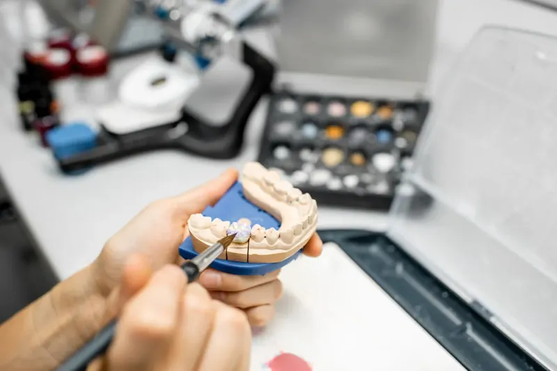 Technician hand-finishing the shade of a dental restoration
